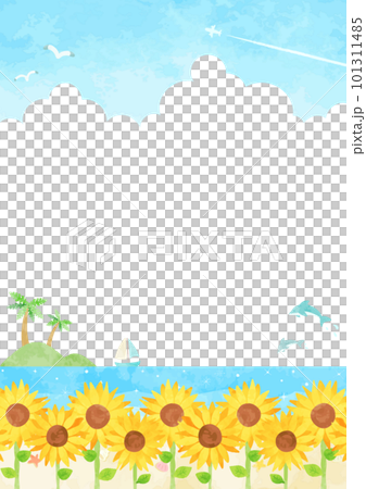 夏季海景觀插圖與雷雲、向日葵田和尾跡 101311485