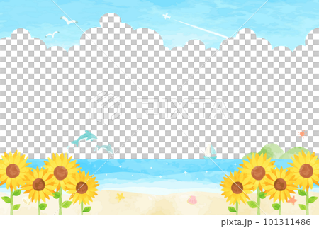 夏季雷雨雲、向日葵和藍色大海景觀圖 101311486