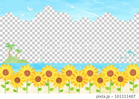 向日葵田、雷雨雲和藍天的夏季海濱景觀插圖 101311487
