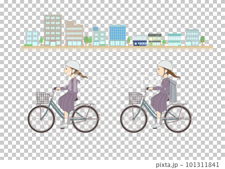 A female student riding a bicycle with the cityscape in the background 101311841