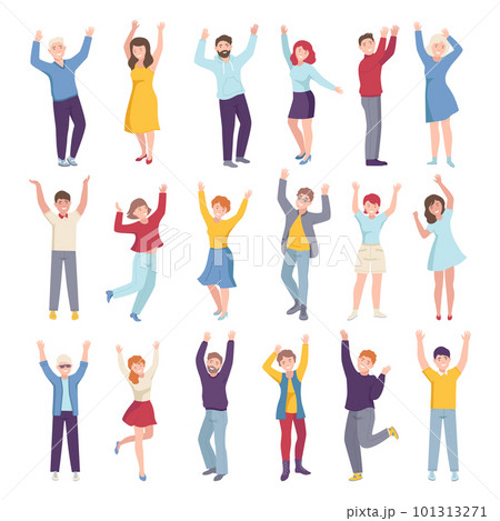 Joyful People Characters Up with Hands Cheering About Something Big Vector Set 101313271