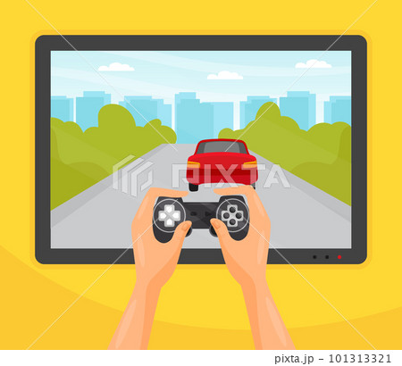 Human Hands with Gamepad Playing Video Racing Game Vector Illustration Human Hands with Gamepad Playing Video Racing Game Vector Illustration 101313321
