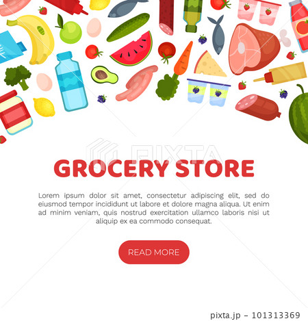 Grocery Food Store Banner Design with Products Vector Template 101313369