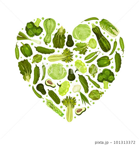 Green Vegetables Heart Shape Composition Design with Fresh Organic Food Vector Template 101313372