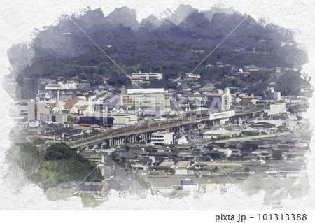 水彩画風 児島駅周辺の眺望 岡山県倉敷市 水彩画風 児島駅周辺の眺望 岡山県倉敷市 101313388