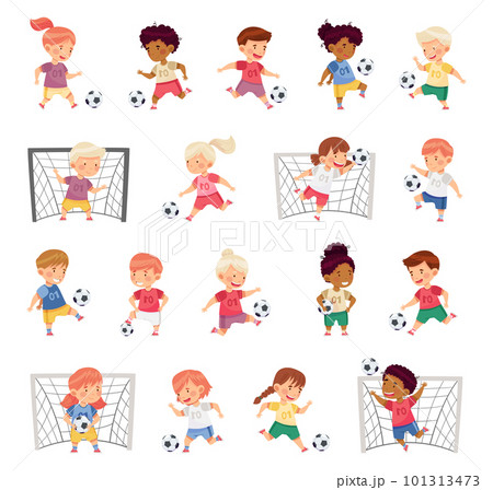 Little Boy and Girl in Sports Shirt and Shorts Playing Football Kicking Ball and Scoring Goal Big Vector Set 101313473