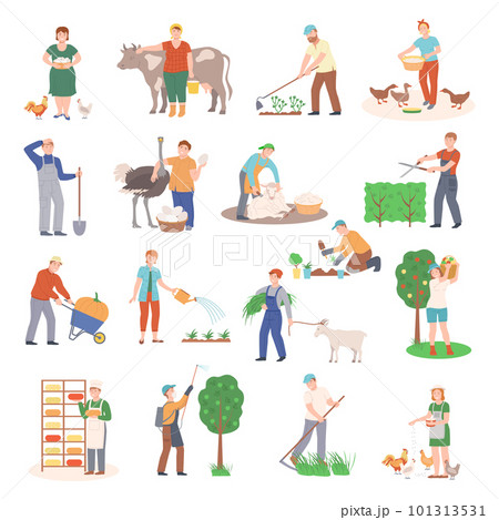 People Farmer Characters Harvesting and Doing Garden Work Big Vector Illustration Set 101313531