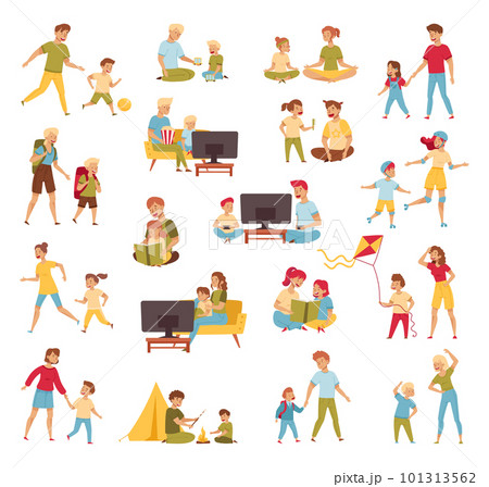 Parents and Their Kids Having Good Time Together Big Vector Illustration Set 101313562