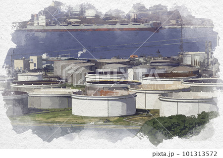 水彩画風 水島臨海工業地帯 ENEOS 岡山県倉敷市 水彩画風 水島臨海工業地帯 ENEOS 岡山県倉敷市 101313572
