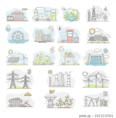 Energy Sources with Fossil Fuel, Nuclear Fuel and Renewable Resources Line Big Vector Set 101313581