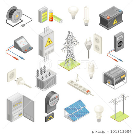 Electric Power Objects with Breaker Box, Socket, Accumulator and Lightbulb Isometric Big Vector Set Electric Power Objects with Breaker Box, Socket, Accumulator and Lightbulb Isometric Big Vector Set 101313604