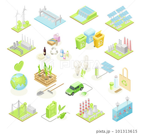 Green Energy with Solar Panels, Wind Generator and Hydro Power Station Isometric Big Vector Set 101313615