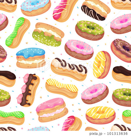 Donut and Eclair Seamless Pattern Design with Sweet and Yummy Creamy Food Vector Template 101313636