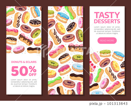 Donut and Eclair Banner Design with Sweet and Yummy Creamy Food Vector Template 101313643