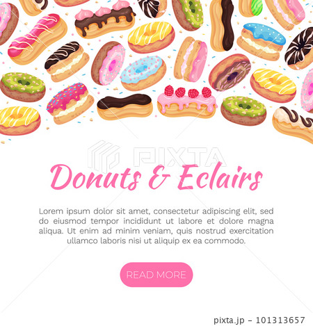 Donut and Eclair Banner Design with Sweet and Yummy Creamy Food Vector Template 101313657