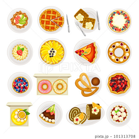 Sugary Desserts with Cheesecake, Tartlet, Pie, Waffle and Rolled Cake Served on Plate Big Vector Set 101313708