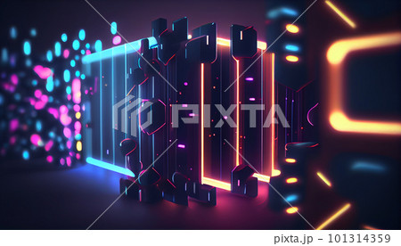 Generative AI, Neon Data Stream: A Glowing 3D Render Abstract Background with Bokeh Lights and Data Transfer Concept 101314359