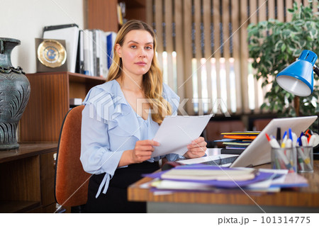Upset female employee manager at working place Upset female employee manager at working place 101314775