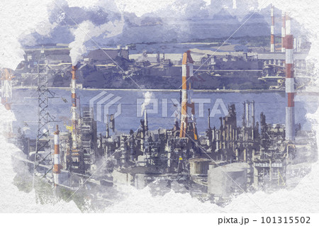 水彩画風　水島臨海工業地帯　岡山県倉敷市 101315502
