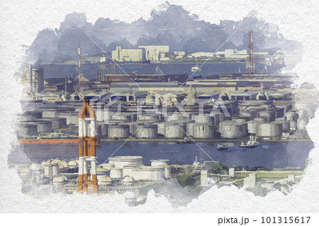 水彩画風 水島臨海工業地帯 水島LNG ENEOS 岡山県倉敷市 水彩画風 水島臨海工業地帯 水島LNG ENEOS 岡山県倉敷市 101315617