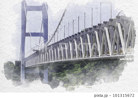水彩画風　瀬戸大橋　下津井瀬戸大橋　岡山県倉敷市 101315672