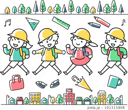 登校する小学生の女の子と男の子と街並み 登校する小学生の女の子と男の子と街並み 101315806