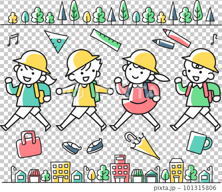 登校する小学生の女の子と男の子と街並み 登校する小学生の女の子と男の子と街並み 101315806