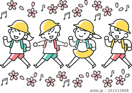 ランドセルを背負って歩く小学生の女の子と男の子と桜 101315808