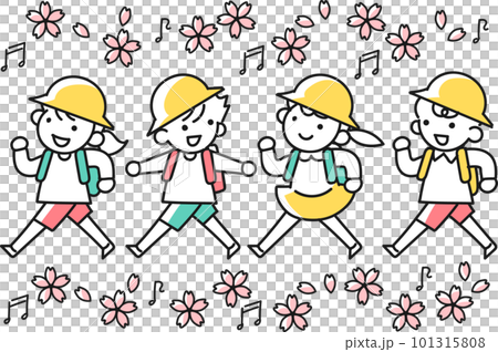 ランドセルを背負って歩く小学生の女の子と男の子と桜 101315808
