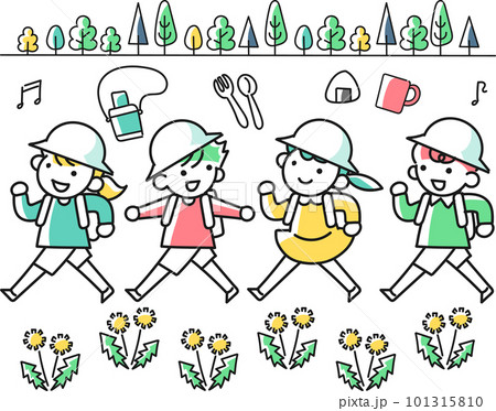春の遠足に出かける小学生の女の子と男の子 101315810