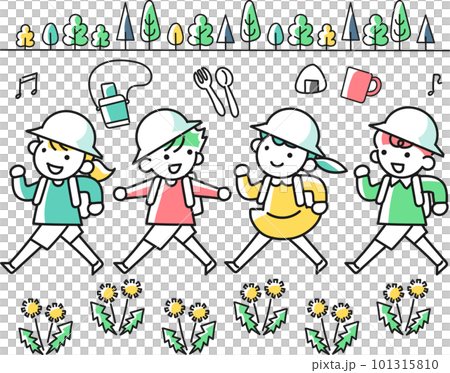 春の遠足に出かける小学生の女の子と男の子 101315810