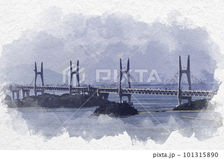 水彩画風　瀬戸大橋　櫃石島橋　岡山県倉敷市 101315890