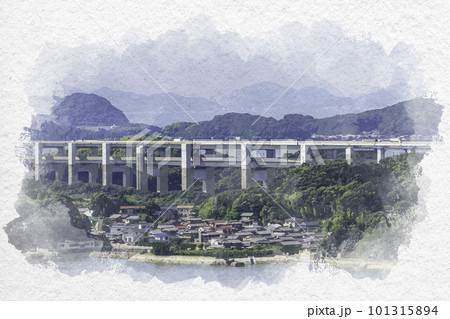 水彩画風　瀬戸大橋　櫃石島高架橋　岡山県倉敷市 101315894