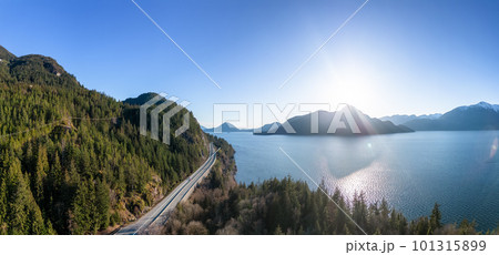 Aerial View of Sea to Sky Highway in Howe Sound. Sunset Sky. 101315899