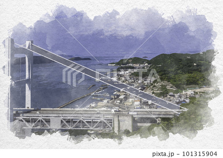 水彩画風 瀬戸大橋と下津井漁港 岡山県倉敷市 水彩画風 瀬戸大橋と下津井漁港 岡山県倉敷市 101315904
