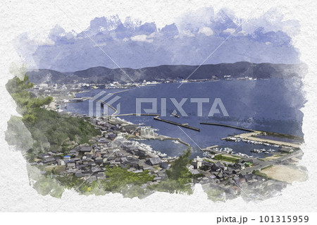 水彩画風　大畠漁港から児島市街地への眺望　岡山県倉敷市 101315959