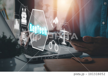 RegTech, Regulation Compliance financial control modern internet technology concept, Person working on laptop computer with RegTech icon on virtual screen. RegTech, Regulation Compliance financial control modern internet technology concept, Person working on laptop computer with RegTech icon on virtual screen. 101316052