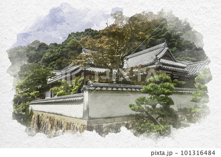 水彩画風 由加山 蓮台寺 客殿 岡山県倉敷市 水彩画風 由加山 蓮台寺 客殿 岡山県倉敷市 101316484