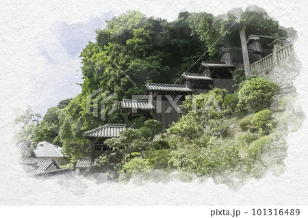 水彩画風 由加山 蓮台寺 客殿 岡山県倉敷市 水彩画風 由加山 蓮台寺 客殿 岡山県倉敷市 101316489