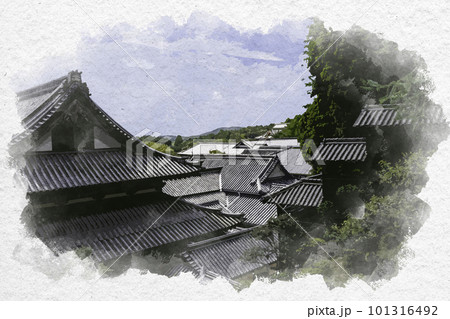 水彩画風 由加山 蓮台寺 客殿 岡山県倉敷市 水彩画風 由加山 蓮台寺 客殿 岡山県倉敷市 101316492