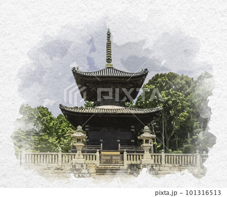水彩画風 由加山 蓮台寺 多宝塔 岡山県倉敷市 水彩画風 由加山 蓮台寺 多宝塔 岡山県倉敷市 101316513