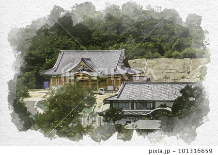 水彩画風 由加山 蓮台寺 新本堂 岡山県倉敷市 水彩画風 由加山 蓮台寺 新本堂 岡山県倉敷市 101316659