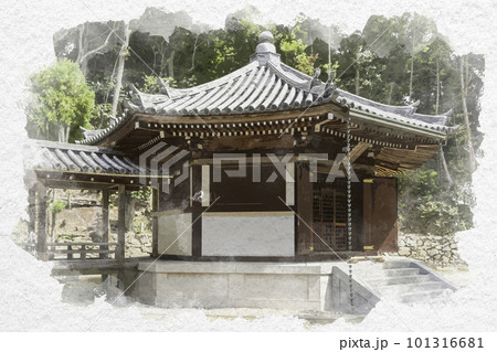 水彩画風 由加山 蓮台寺 霊堂 岡山県倉敷市 水彩画風 由加山 蓮台寺 霊堂 岡山県倉敷市 101316681