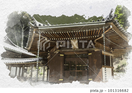 水彩画風　由加山　蓮台寺　霊堂　岡山県倉敷市 101316682