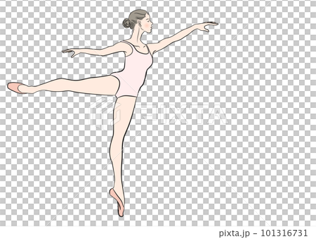 Illustration of a young and cute Japanese girl in a pink leotard taking ballet lessons, full body, side view, profile 101316731