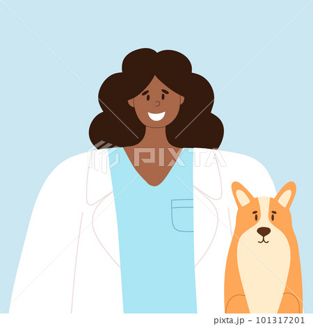 Happy veterinarian with a happy dog. Animal care vector illustration. Flat style. African girl vet doctor. World Veterinary Day. 101317201