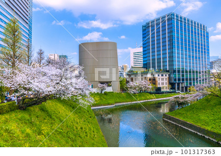 日本の東京都市景観 田安門附近から昭和館や満開の桜などを望む＝4月1日 101317363