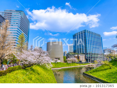 日本の東京都市景観 田安門附近から昭和館や満開の桜などを望む＝4月1日 101317365