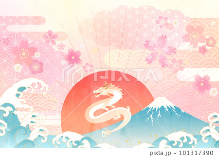 初日の出と富士山と波と桜のパステルカラーの2024年辰年の年賀状テンプレート(ベクターイラスト) 101317390