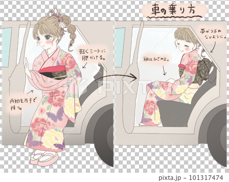 振袖の美しい立ち振る舞い(車の乗り降り)文字付きのイラスト素材